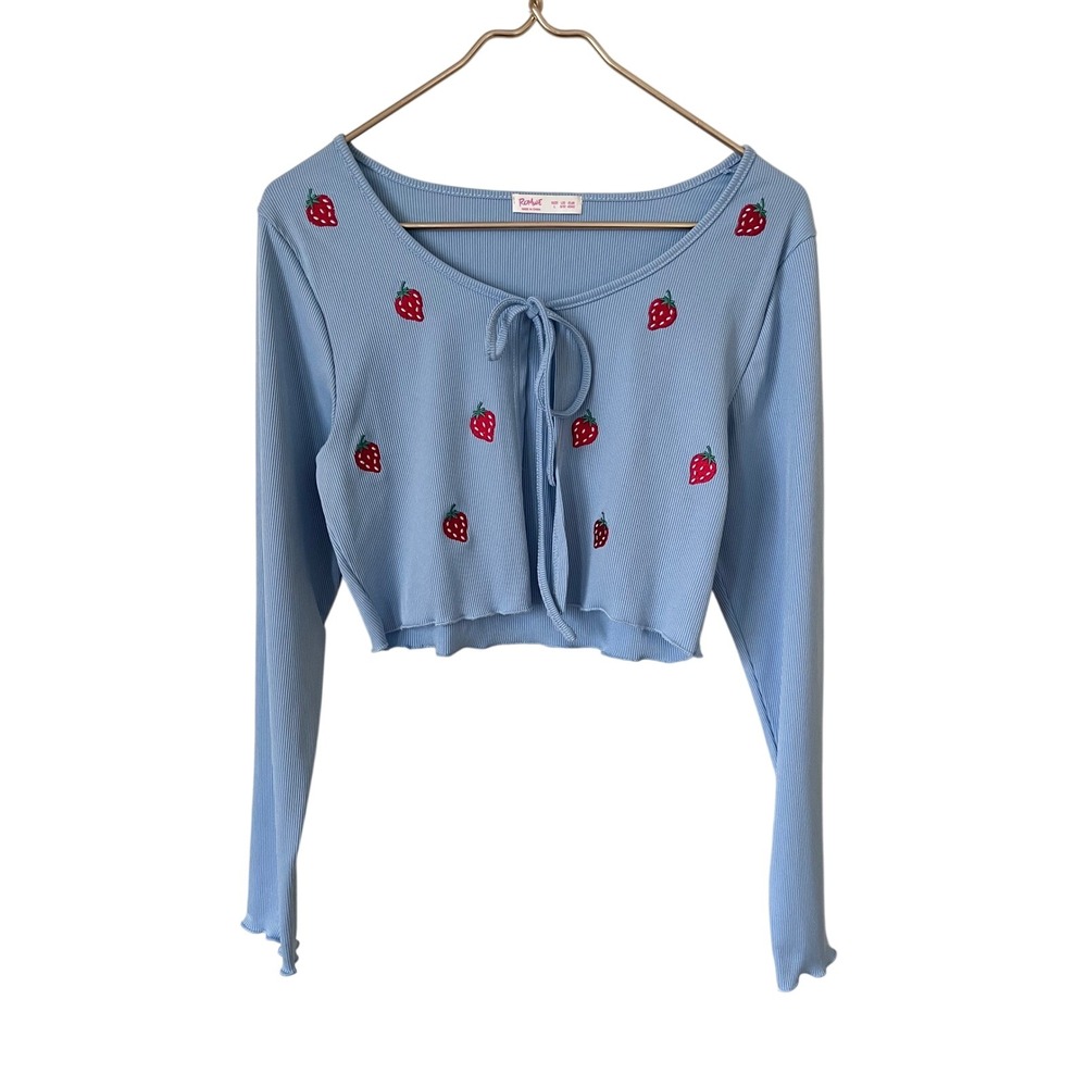 Romwe cottagecore Blue Strawberry Embroidered Tie Front Cropped Cardigan Top L